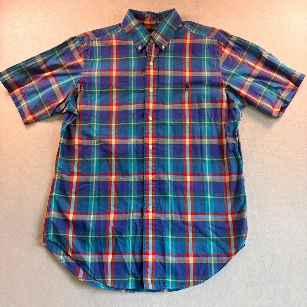 Polo Ralph Lauren Mens Classic Fit Plaid Short Sleeve Button Down Shirt Blue M
